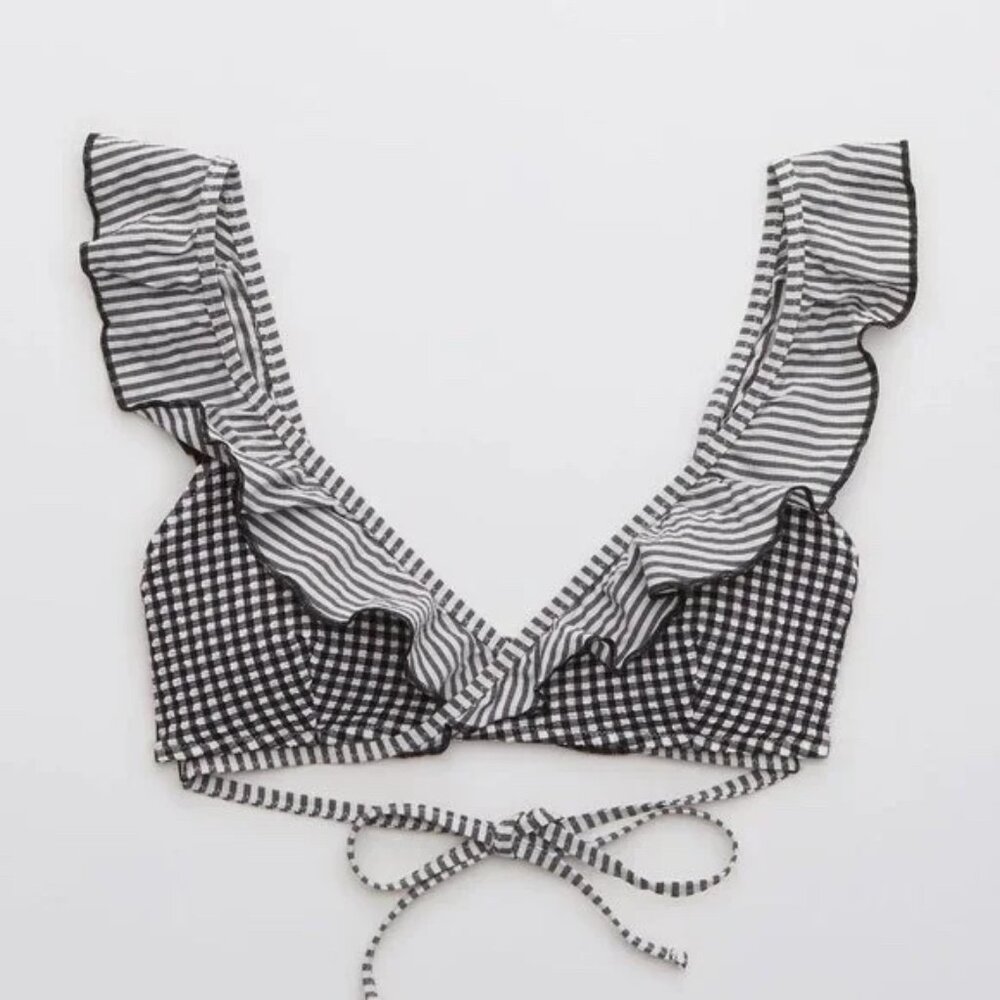 NWT Aerie Seersucker Ruffle Wrap Black & White Bikini Top New with Tags Medium